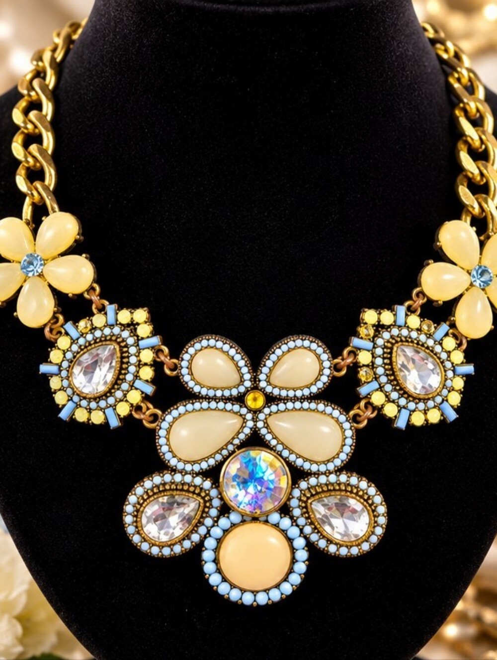 Charming Charlie Floral Statement Necklace Glass Crystal Yellow Blue Gold Tone